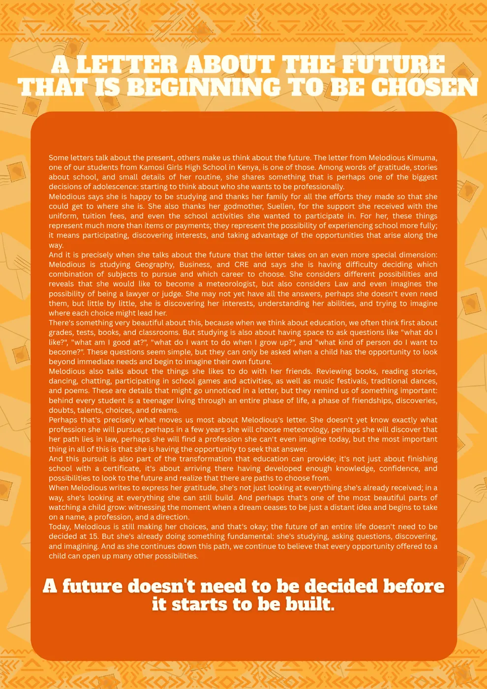 What changes when a child believes in their own future? — Newsletter September 2026